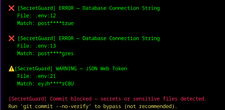 SecretGuard detecting secrets in VS Code