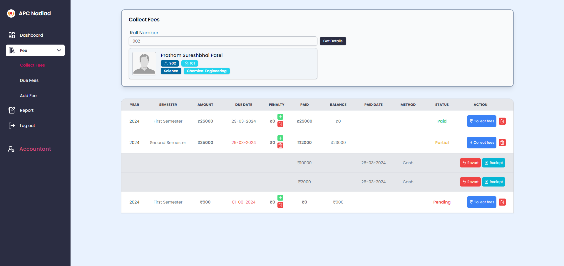 Fee Status Page Accountant