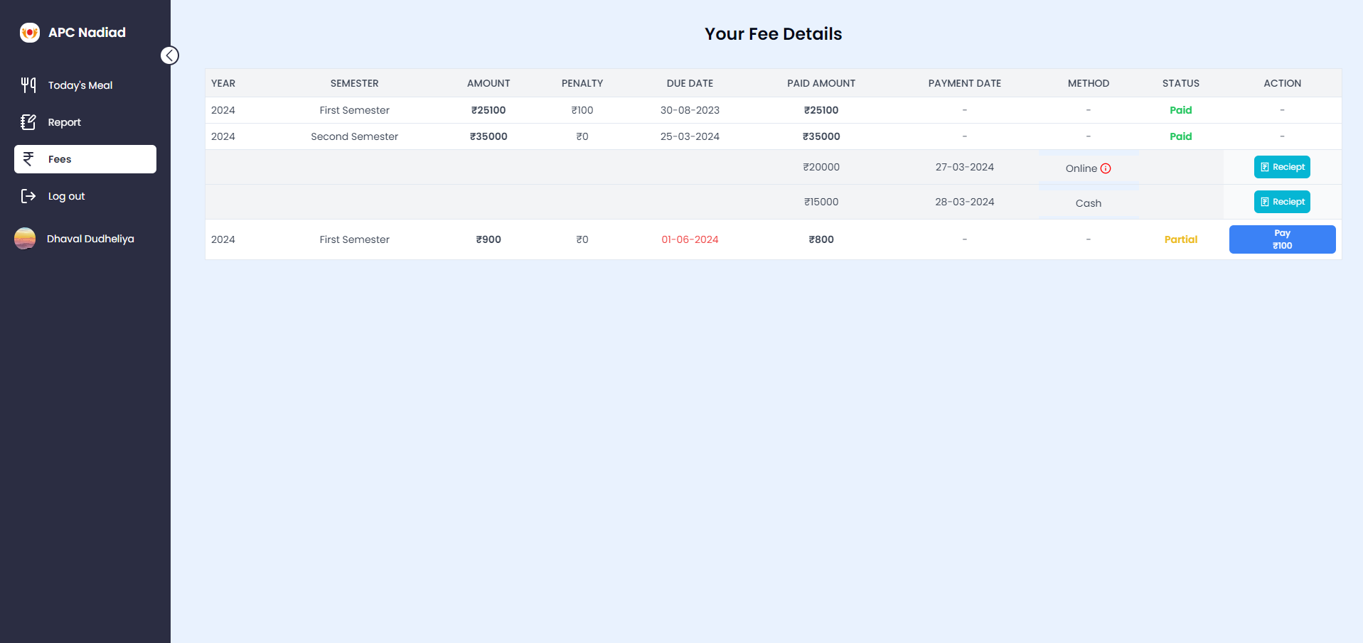 Fee Status Page Student