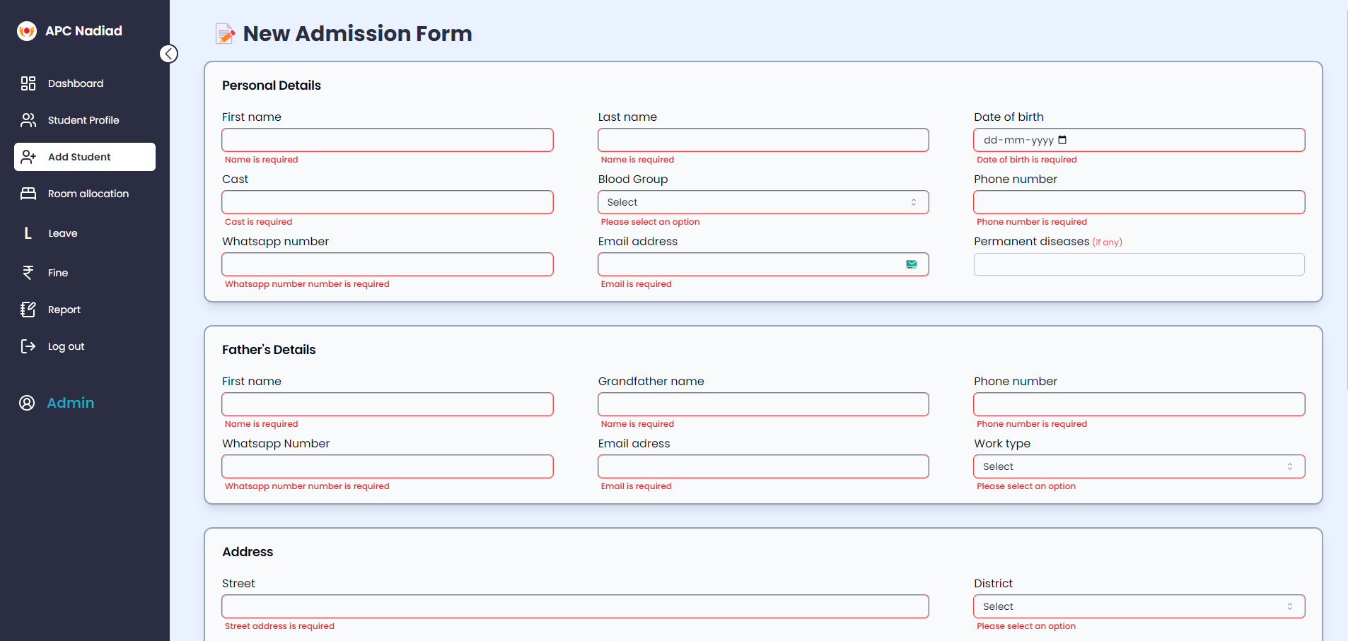 New Admission Form Page