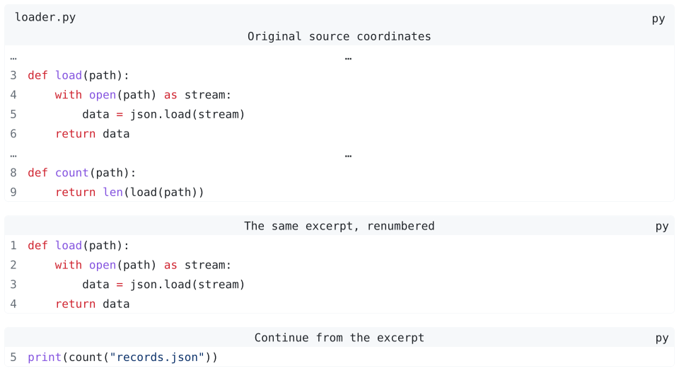 Three Python blocks showing omitted source lines, an excerpt renumbered from one, and continued numbering in the final block.