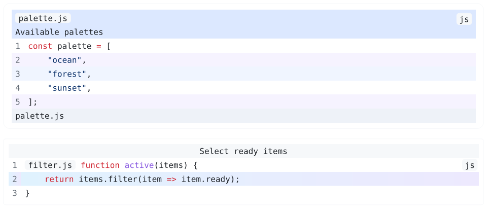 JavaScript blocks with cycling row colors, a gradient row fill, and separate header and footer backgrounds.