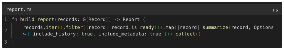 Wrapped Rust code with indentation guides, colored delimiters, and arrows marking continuation lines.