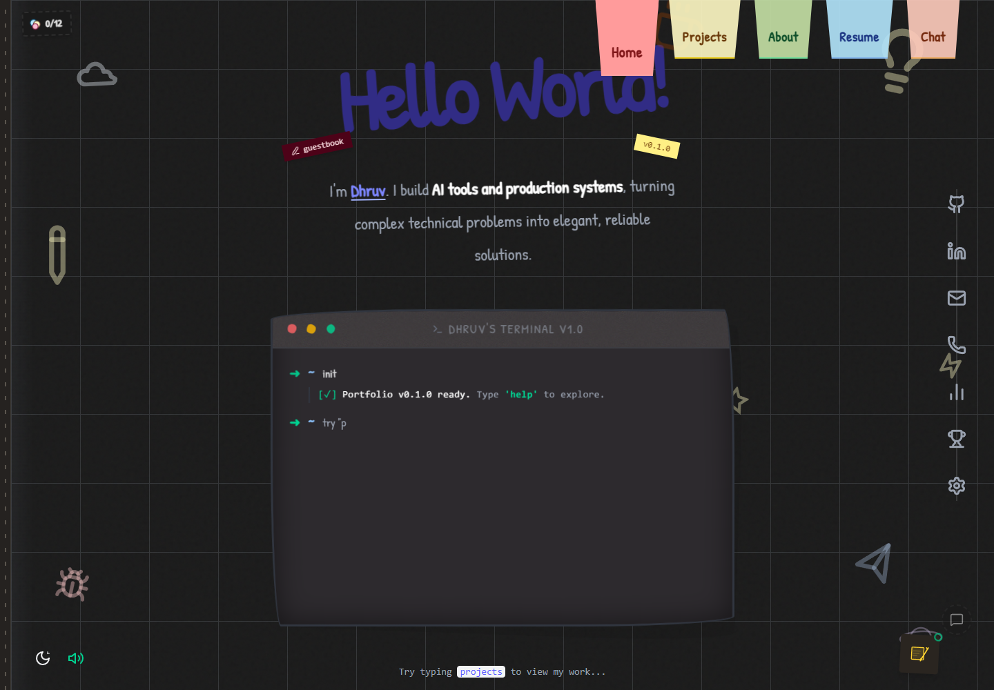 Dark sketchbook home page with an interactive terminal