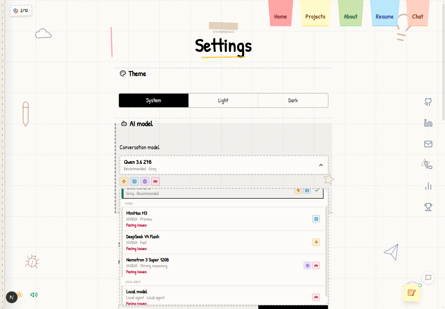 Settings and model controls
