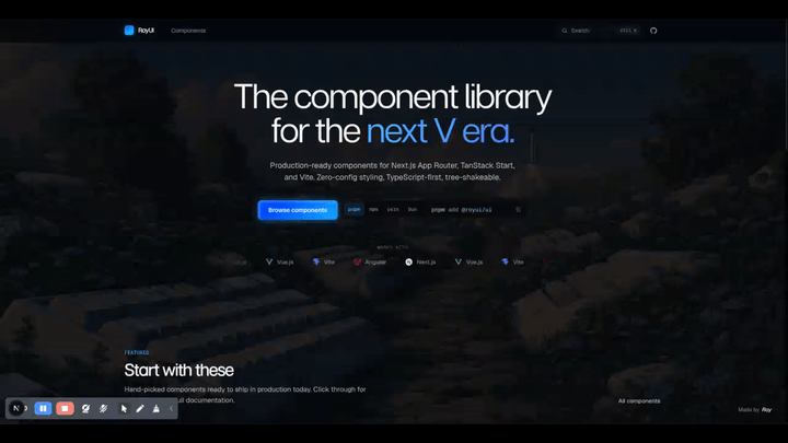 Roy UI React component library demo — animated data table with search, date range picker, time picker, pagination, column reorder, CSV export, gradient button, popover, text morph