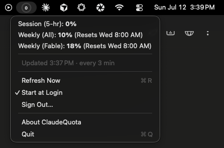 ClaudeQuota menu bar dropdown showing session and weekly usage limits