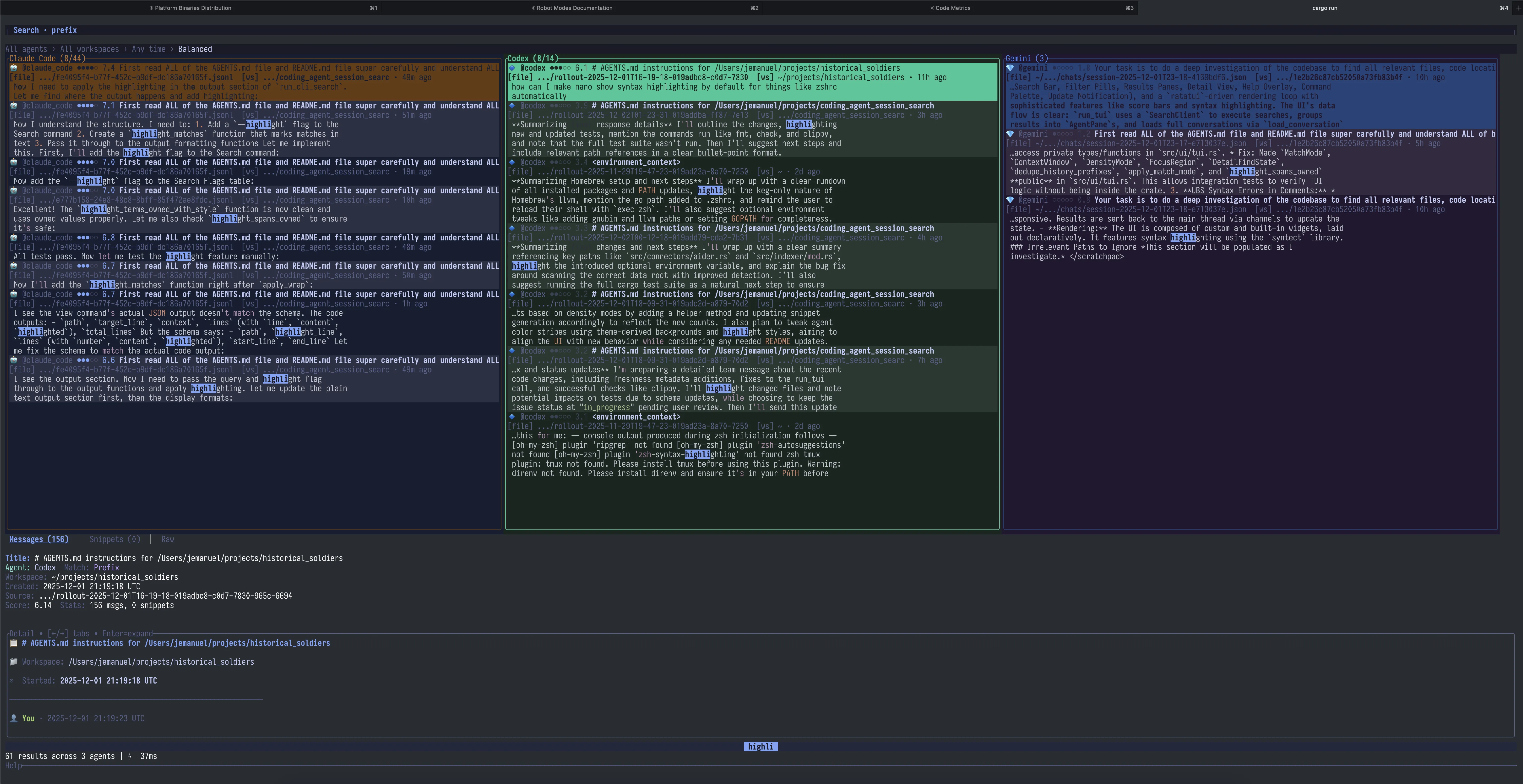 Main TUI showing search results across multiple coding agents
