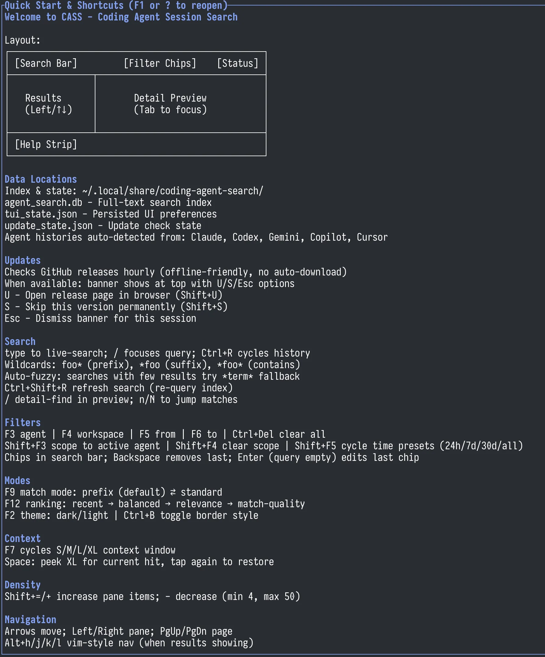Help screen showing keyboard shortcuts and features