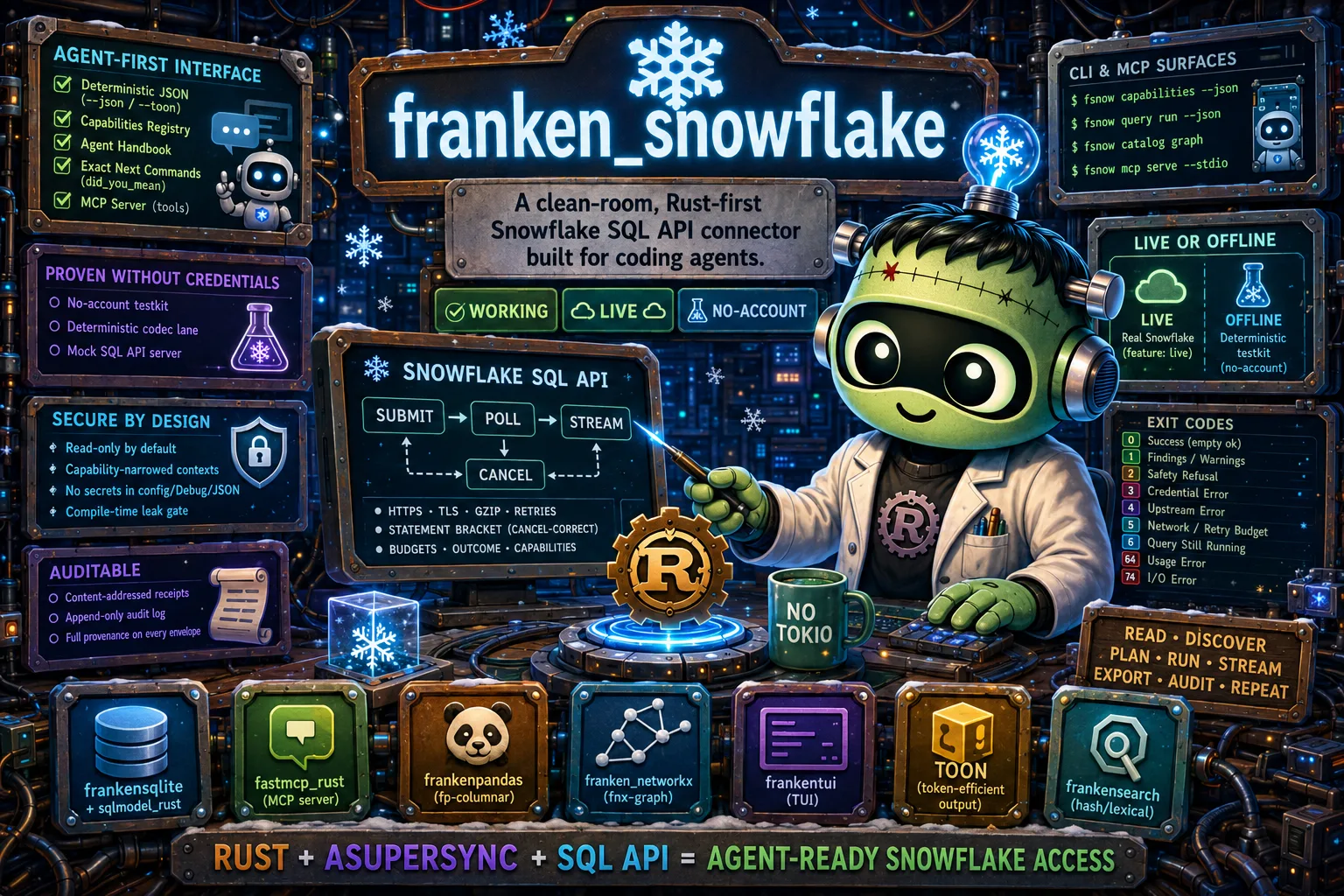 franken_snowflake - clean-room, Rust-first Snowflake SQL API connector for coding agents