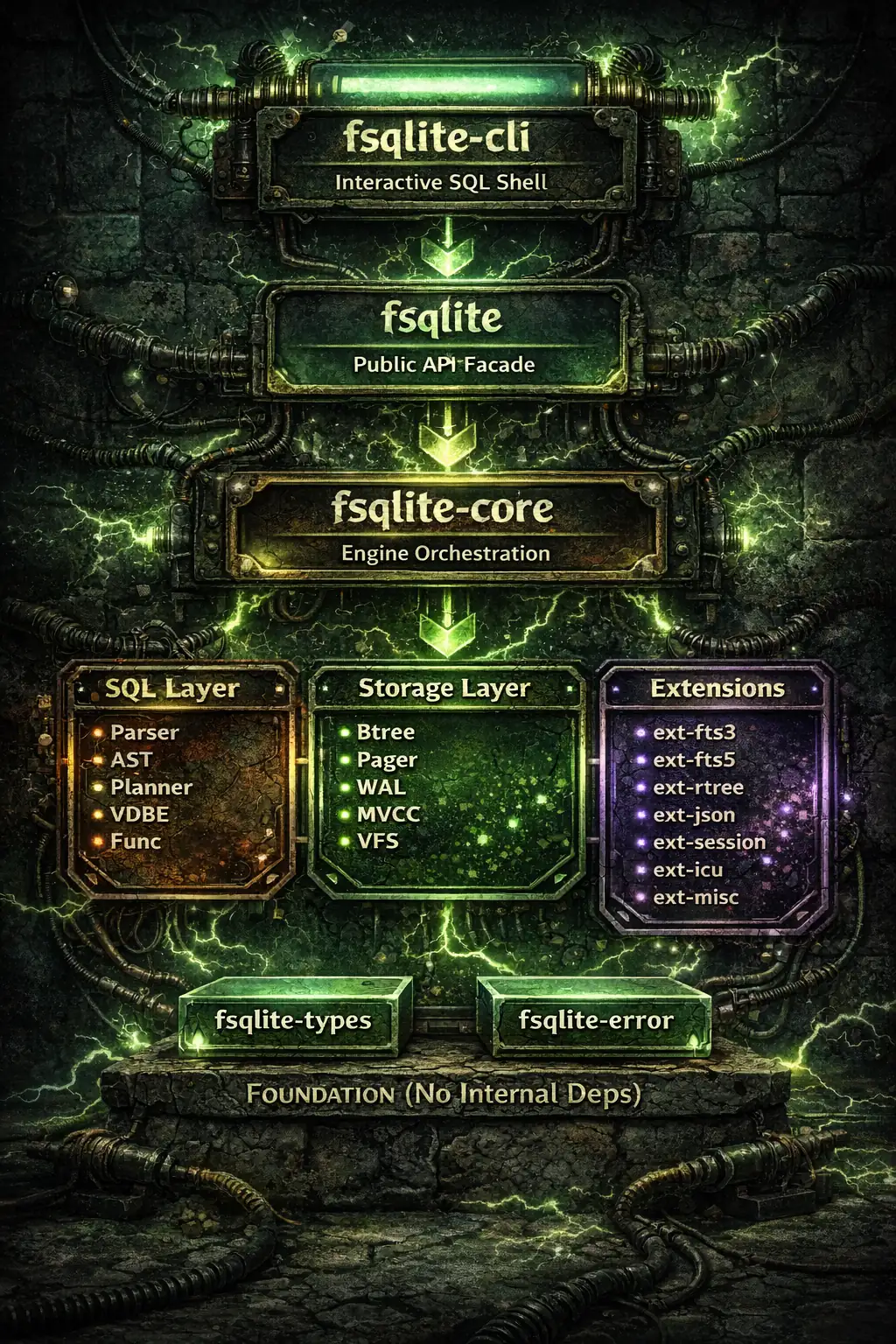 FrankenSQLite layered architecture overview