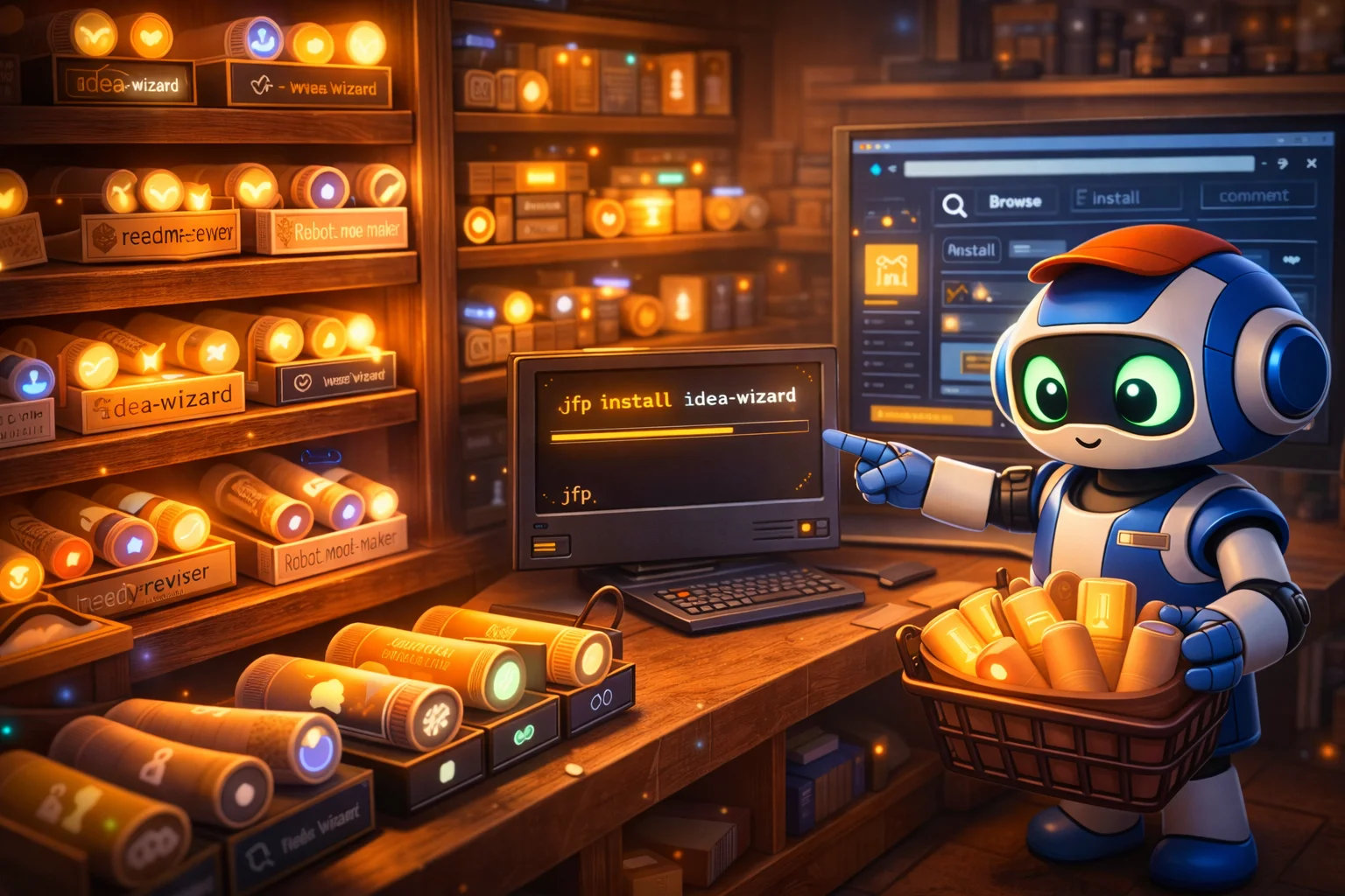 JeffreysPrompts.com - A friendly robot shopping for prompts in a cozy prompt shop, with shelves of labeled prompt scrolls and a terminal showing 'jfp export idea-wizard'