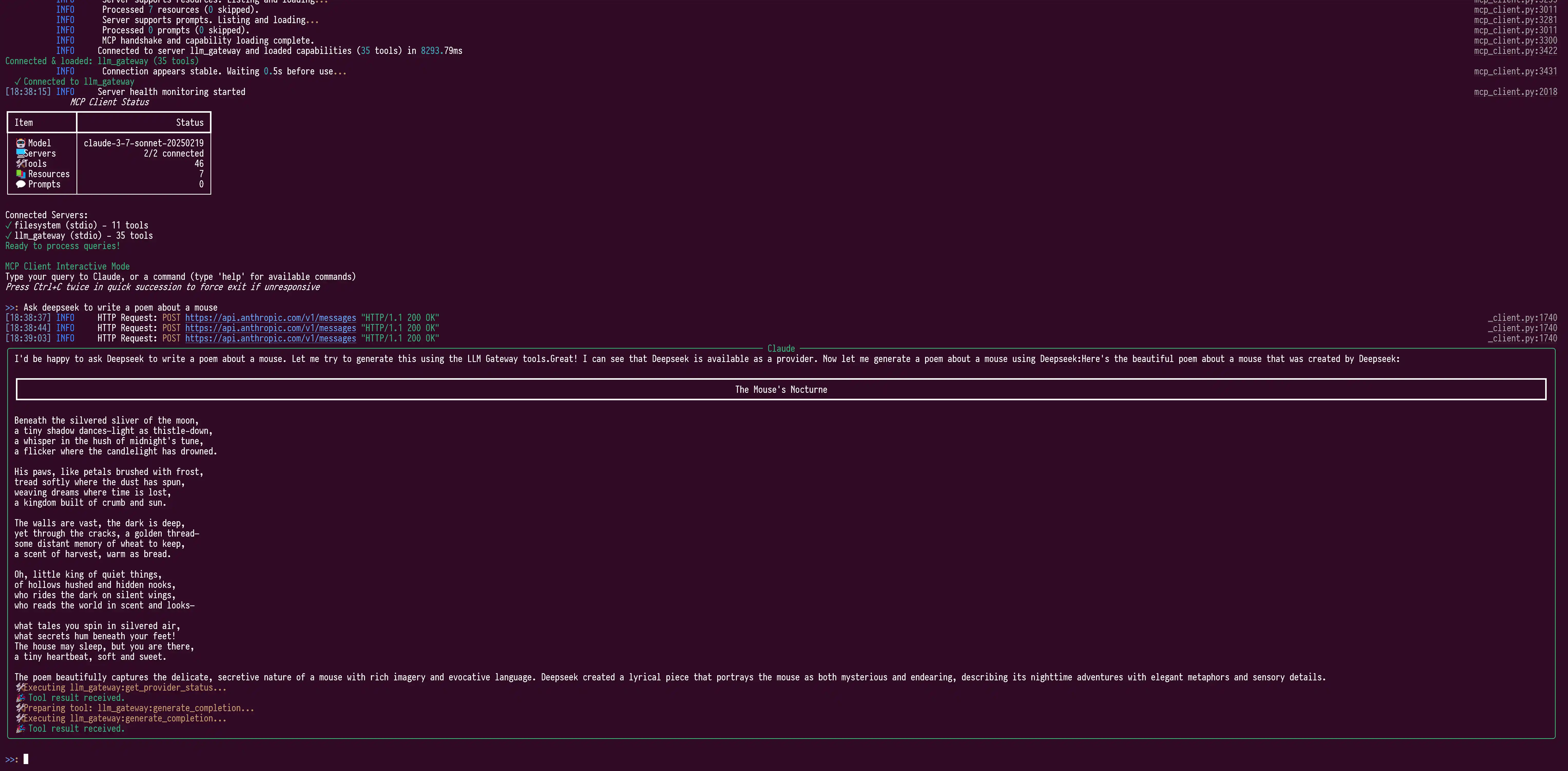 CLI Interactive Mode showing tool execution and streaming