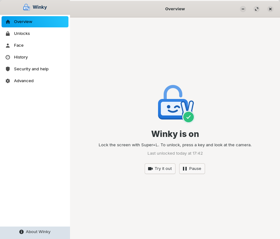 Winky home page with switches for lock screen, sudo, administrator dialogs and pause