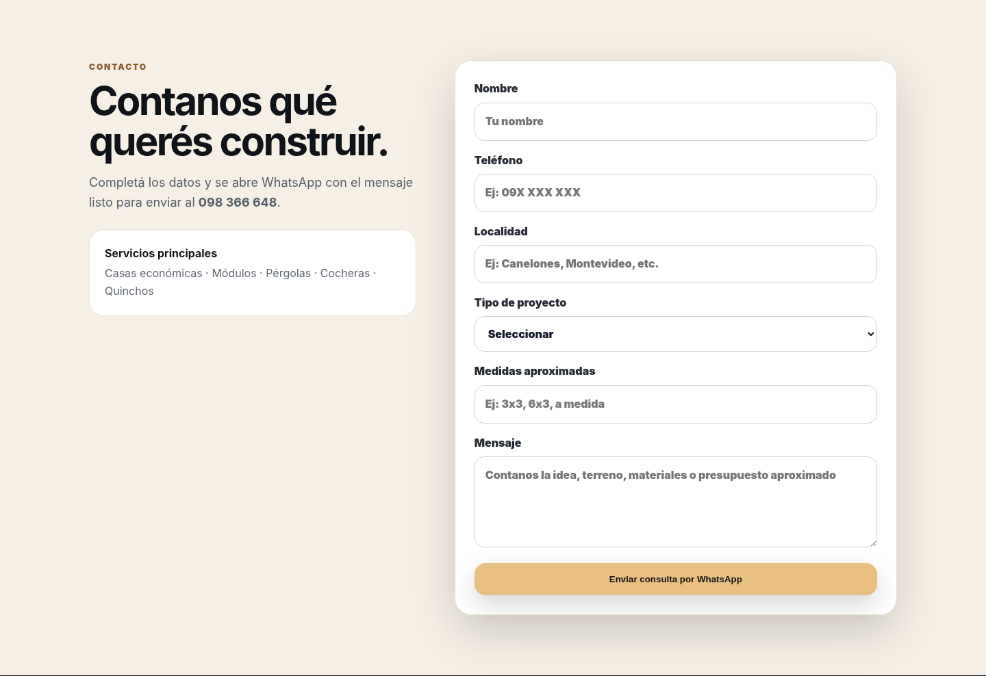 Sección de contacto de Madera y Metal UY