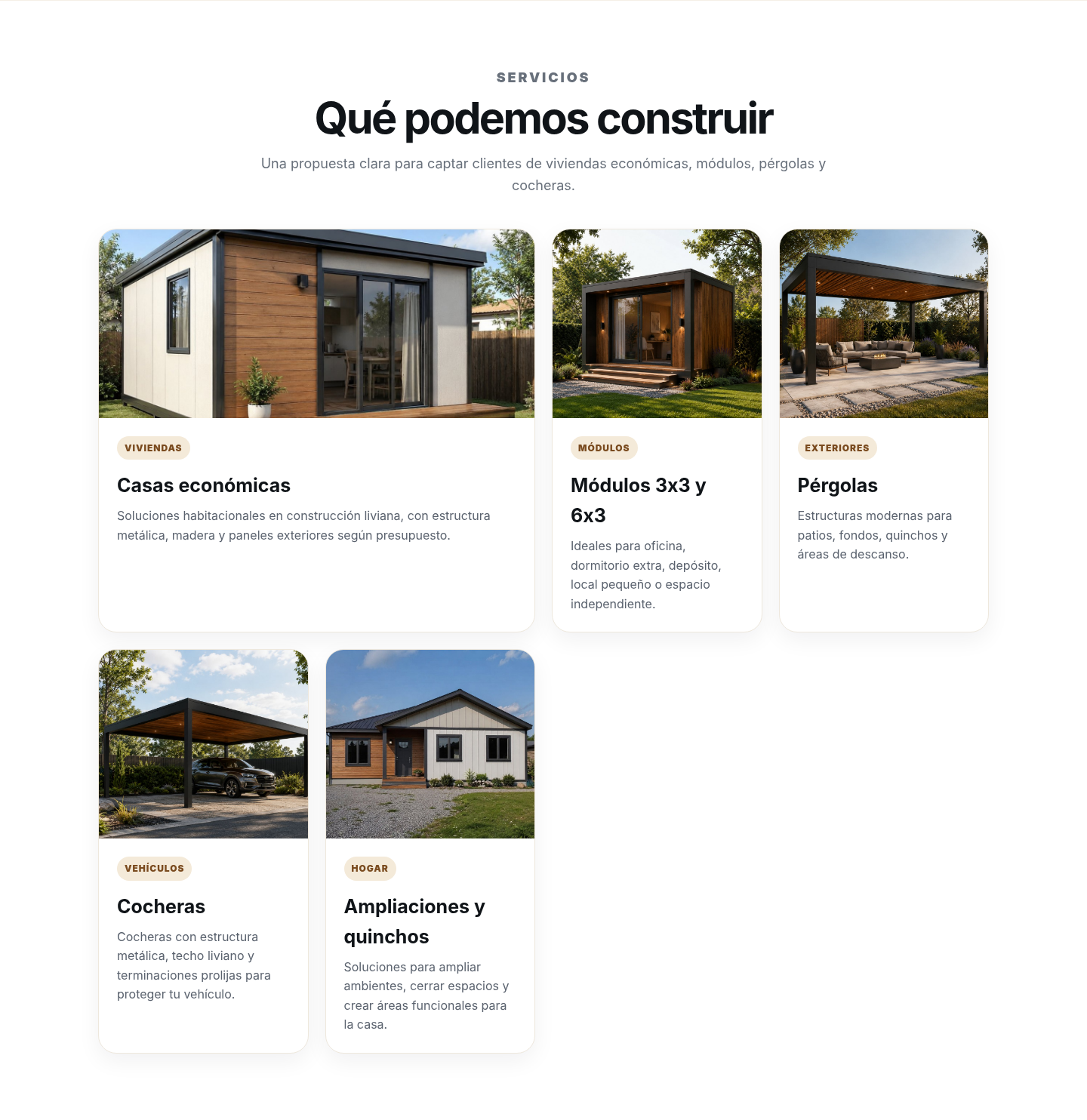 Servicios presentados en la landing page de Madera y Metal UY