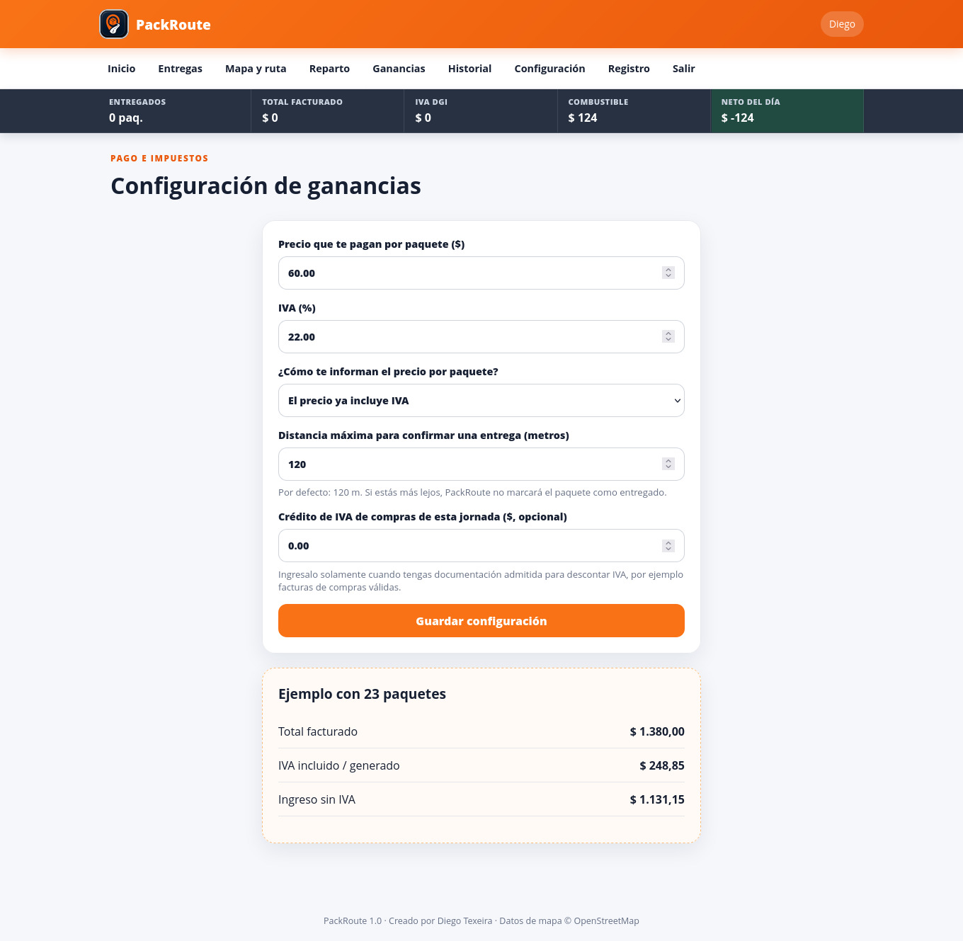 Configuración de tarifas y ganancias en PackRoute