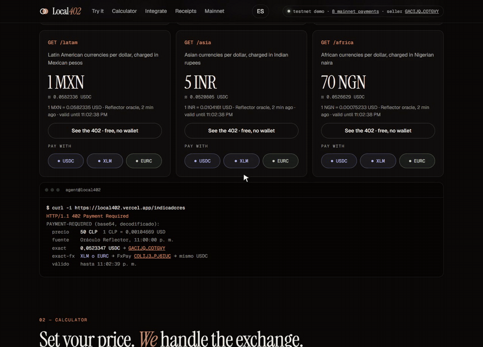 An agent pays 70 NGN with XLM on testnet: the 402, the signed FxPay swap, and the seller receiving exact USDC