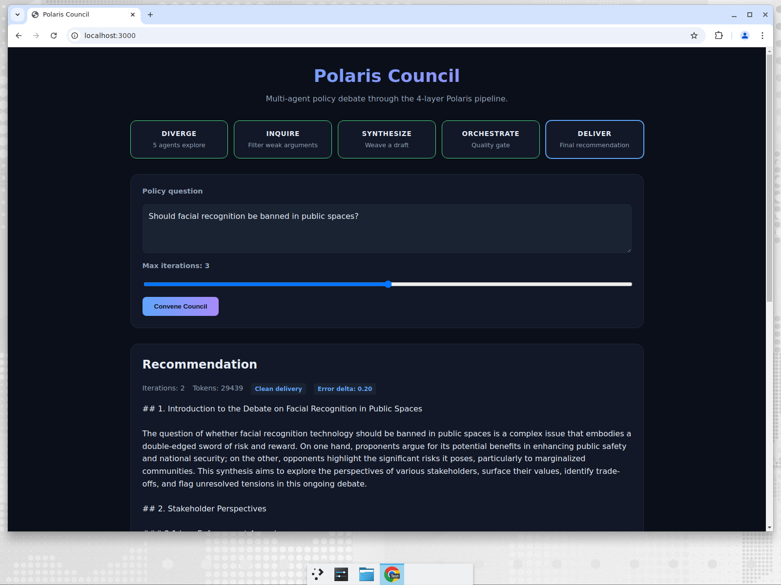 Polaris Council UI showing the five pipeline stages and a generated recommendation