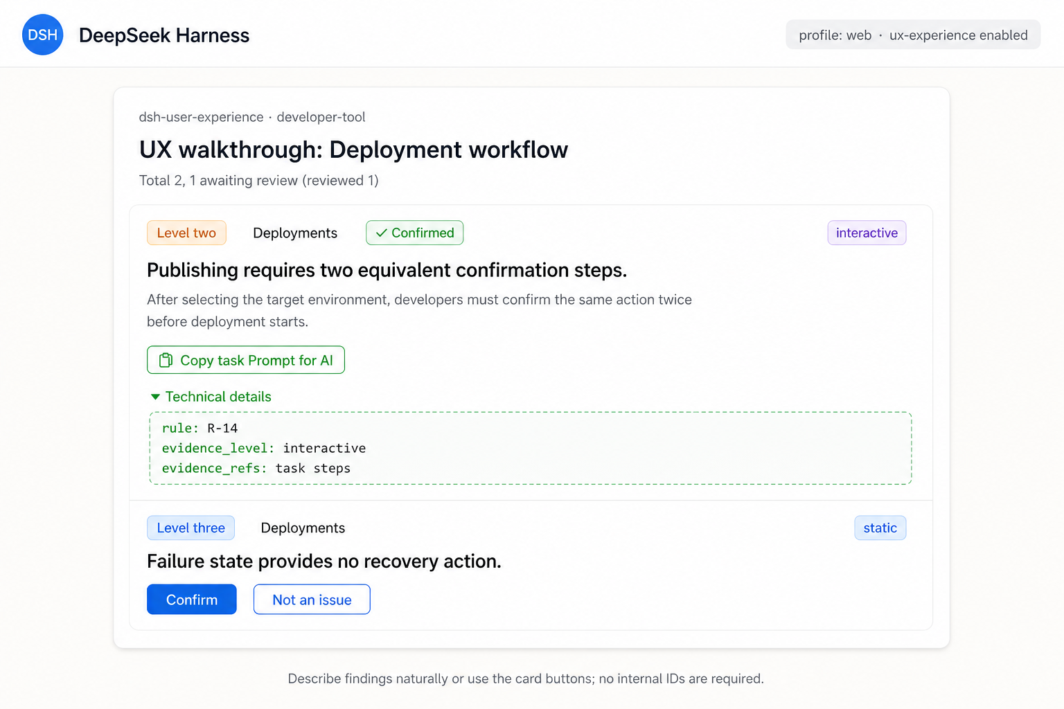 English UX report card with interactive evidence