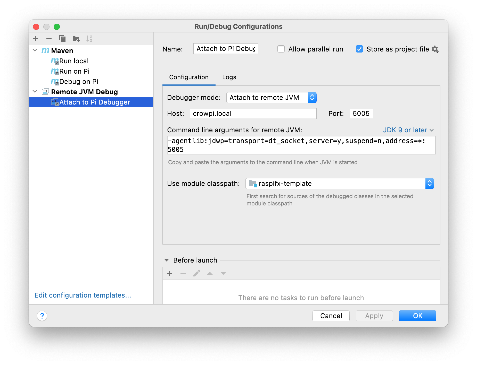 Einstellungen für Attach to Pi Debugger