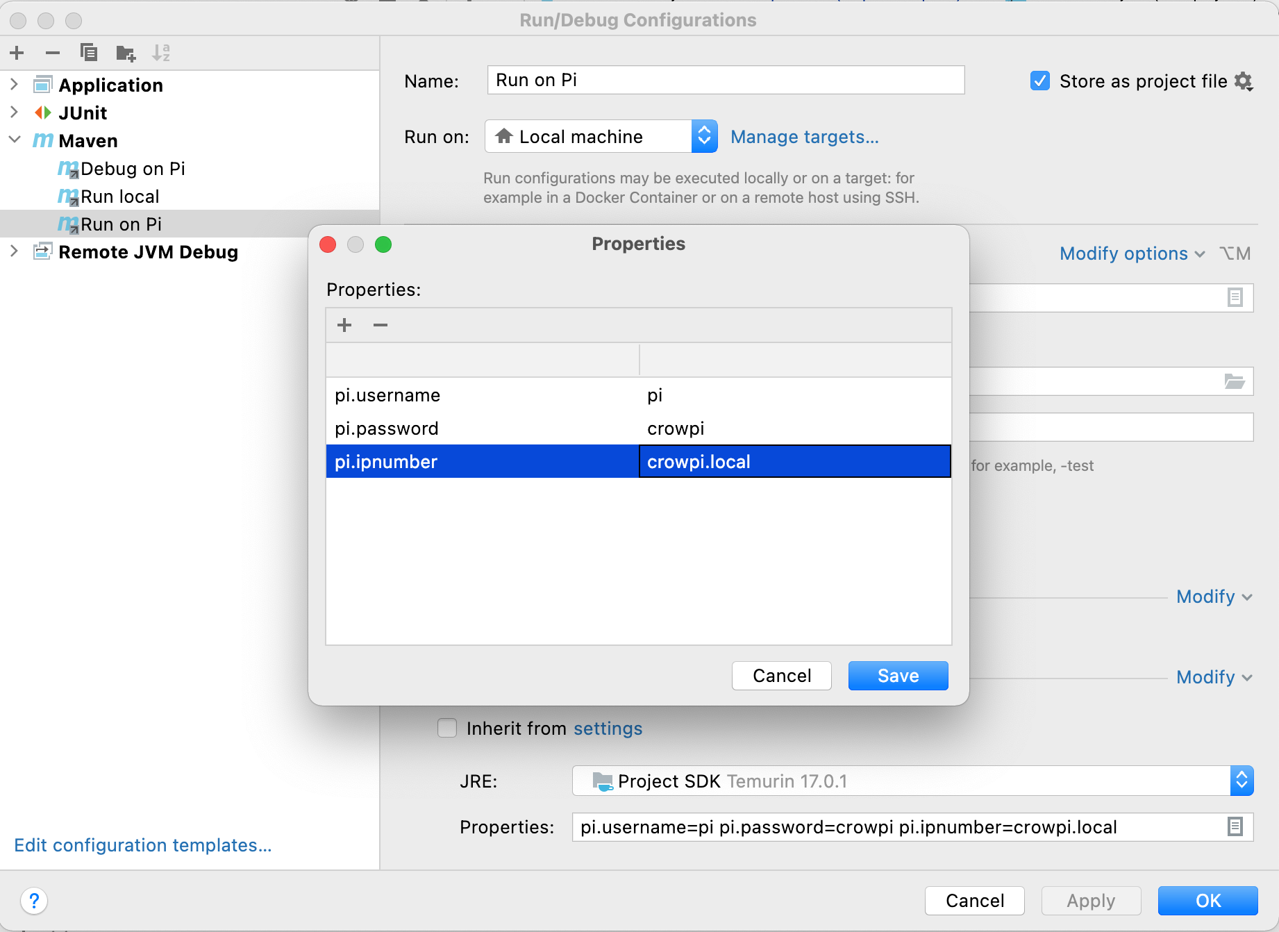 Einstellungen für Run on Pi und Debug on Pi