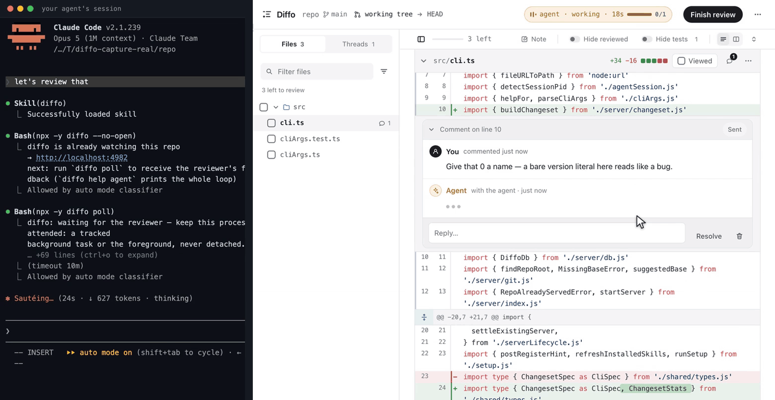 Two windows side by side. The reviewer asks for a change on a line of src/cli.ts; the real Claude Code session on the left makes the edit, and the diff on the right updates while they watch.