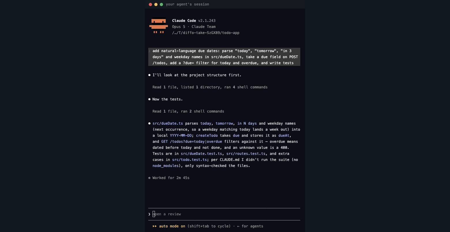 One take of the whole loop. A Claude Code session has just written natural-language due dates into a todo app; the reviewer types /diffo, and the session opens a live review and hands over its localhost URL, which opens beside the session. The reviewer leaves a question on the weekday line — a bare weekday always lands next week, should it mean today? — and the agent's answer appears in the thread while they watch.