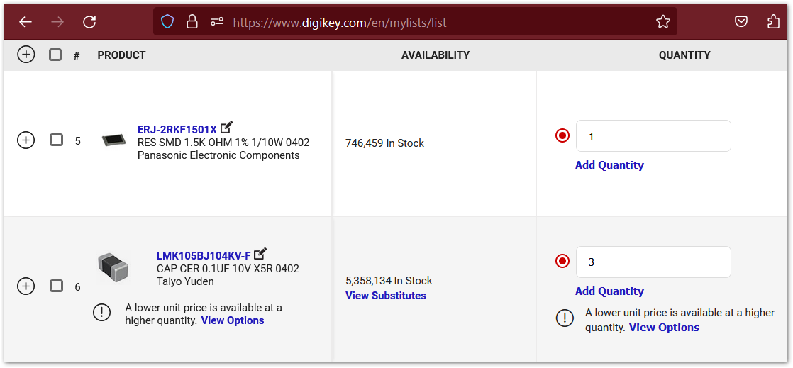 Parts pushed to Digi-Key myLists