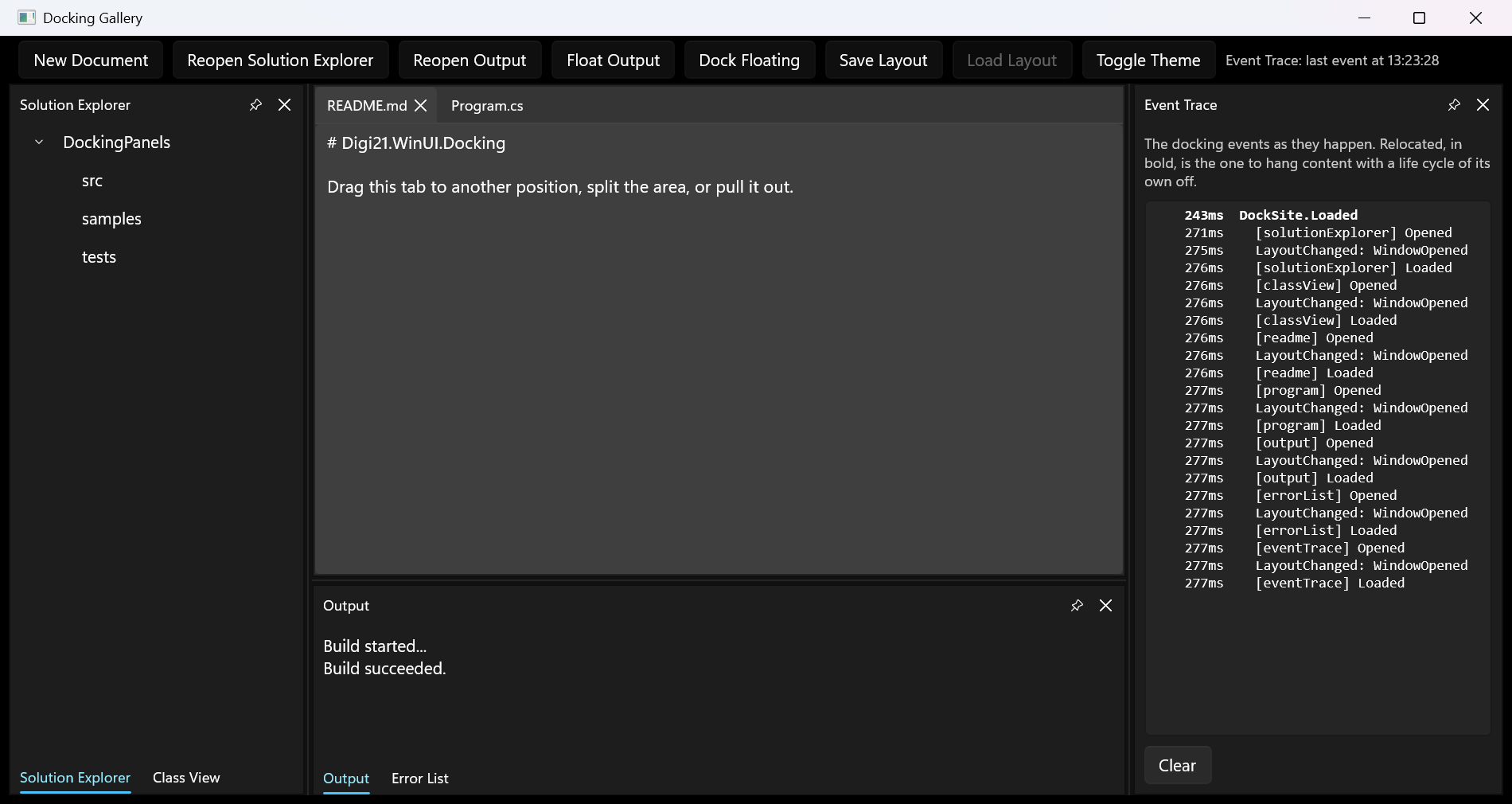 The DockingGallery sample: tool windows around a tabbed document area, split panes, tab strips and pin buttons