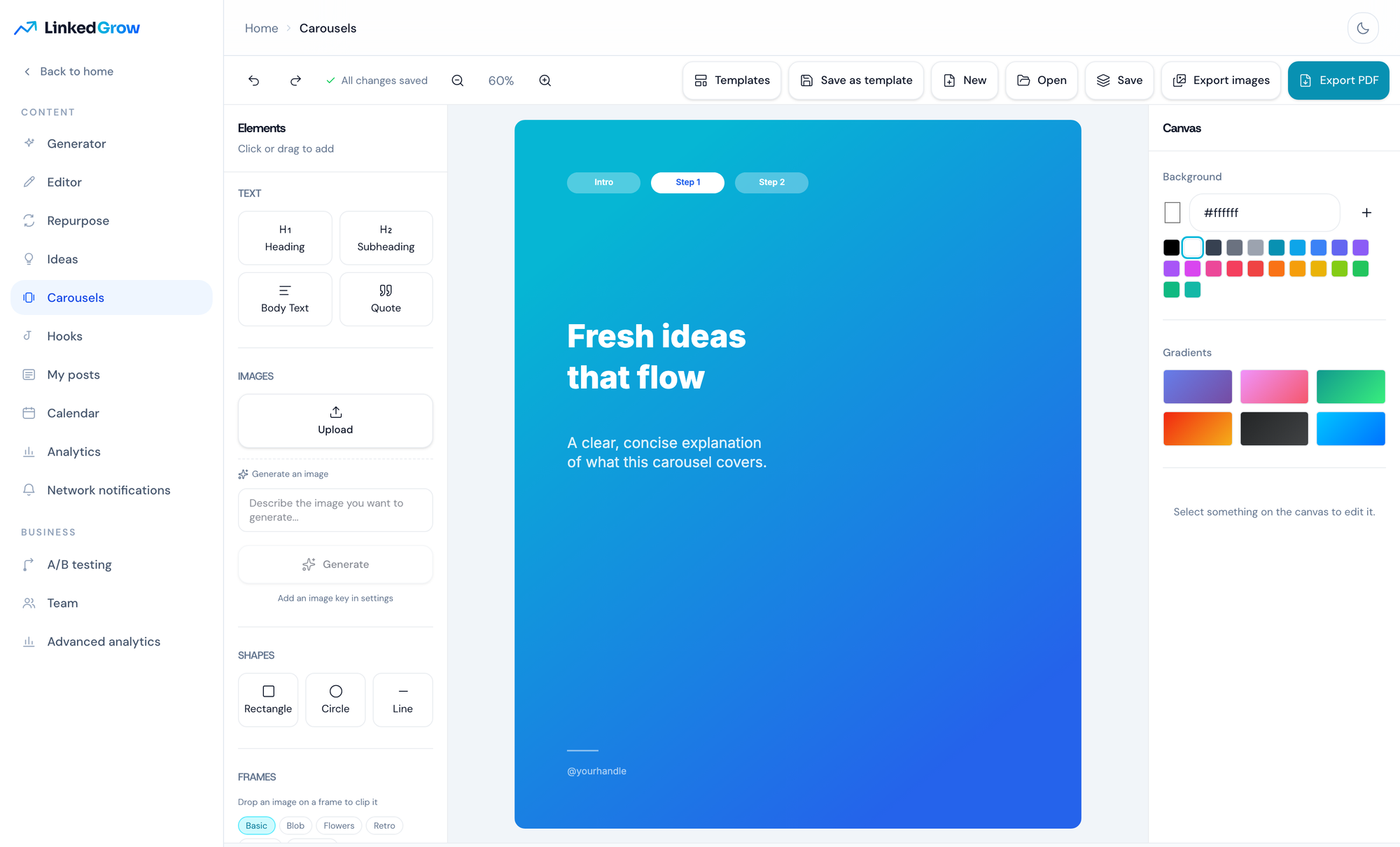 The carousel editor with a template loaded on the canvas