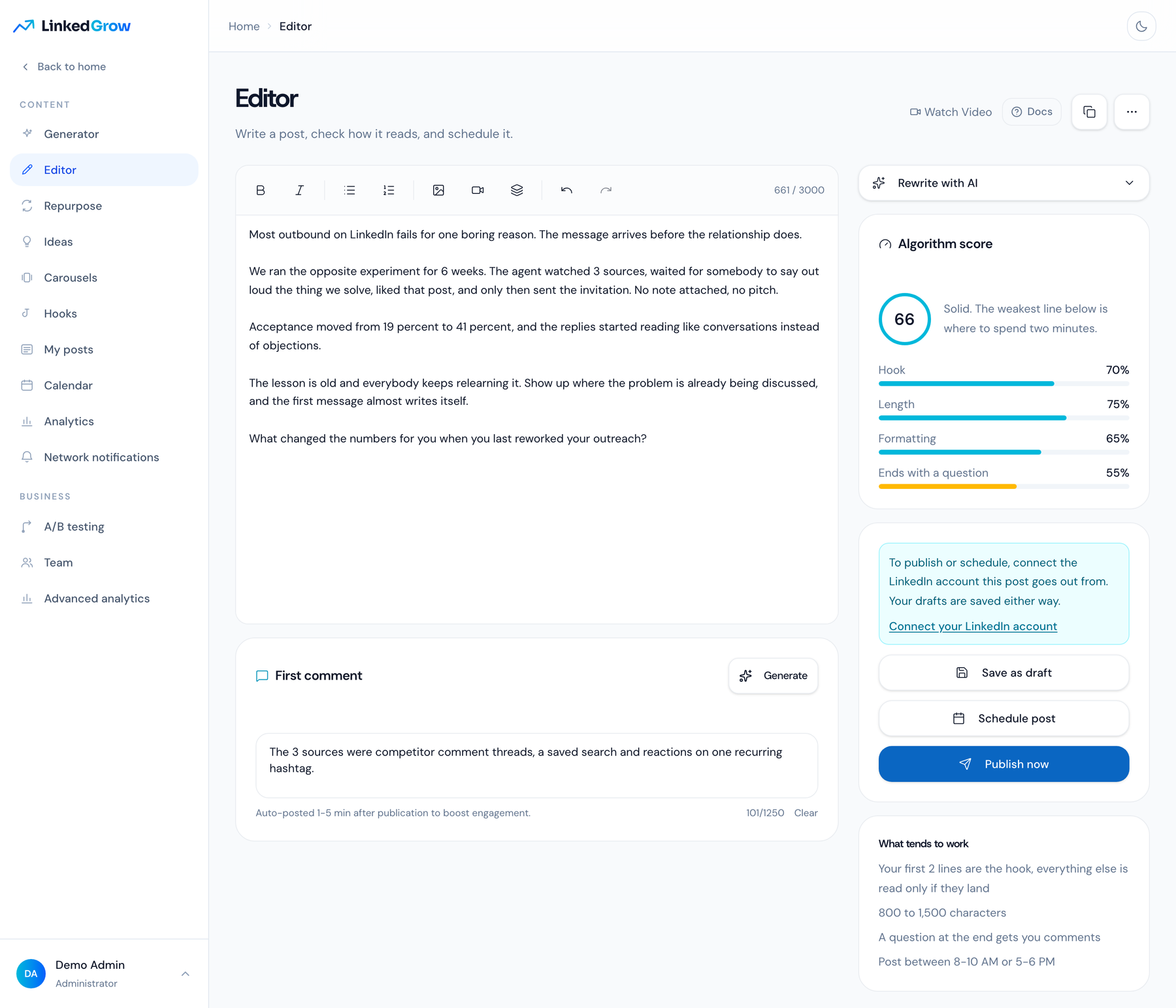 The post editor with a draft, the algorithm score and the first comment