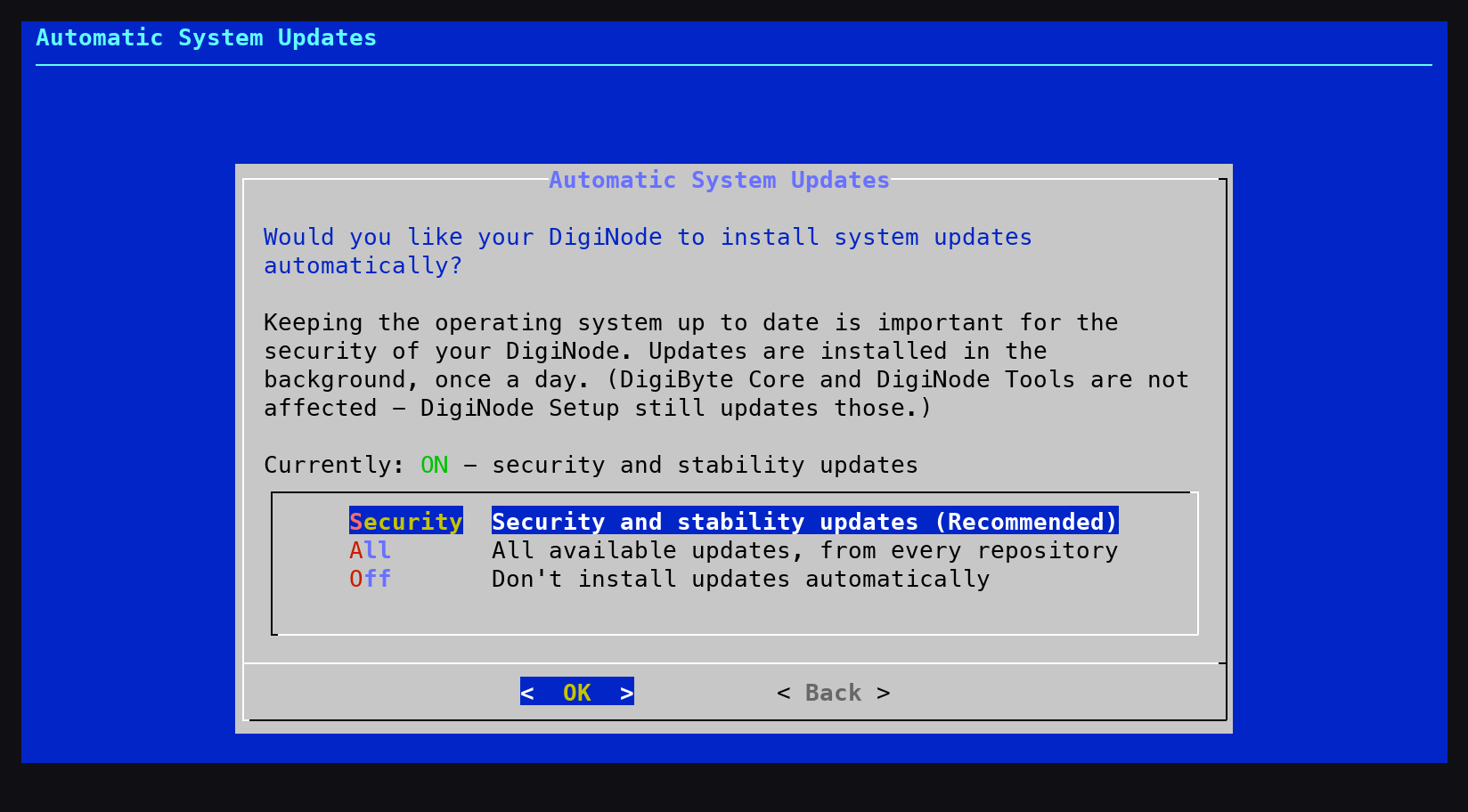 The new Automatic System Updates menu in DigiNode Setup