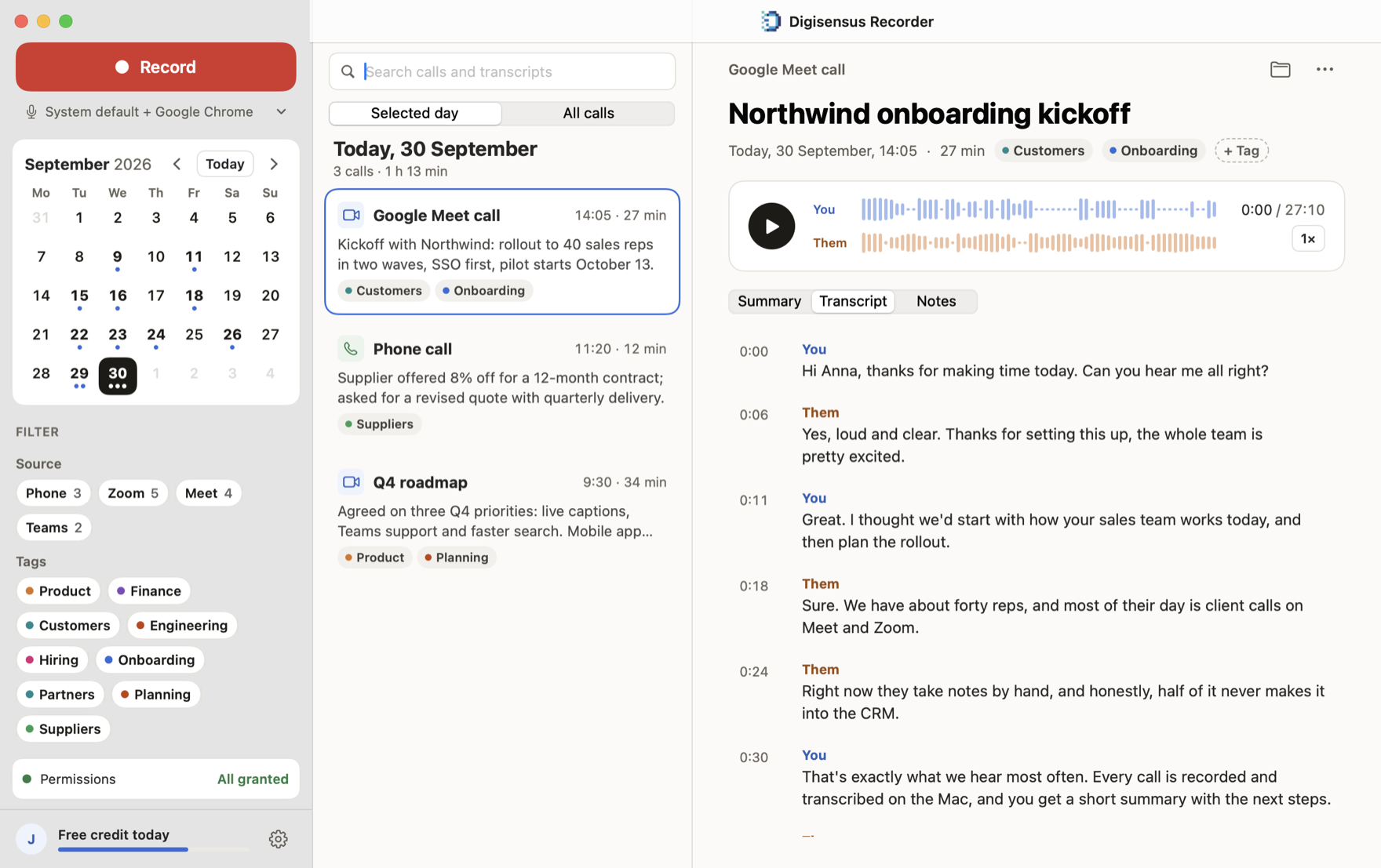 Call transcript on Mac that shows who said what, split into you and them, with timestamps