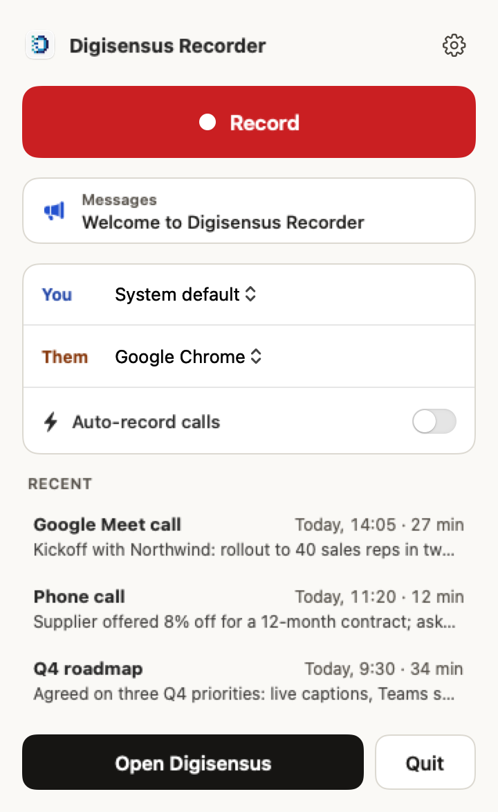 Menu bar call recorder with auto-record and recent calls