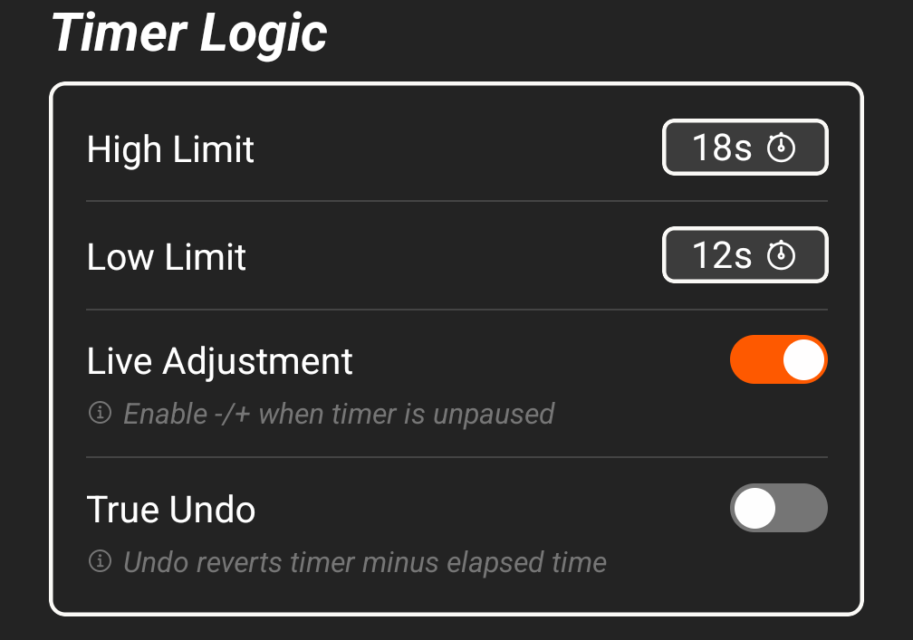 The Timer Logic group, containing the High Limit and Low Limit values and the Live Adjustment and True Undo toggles