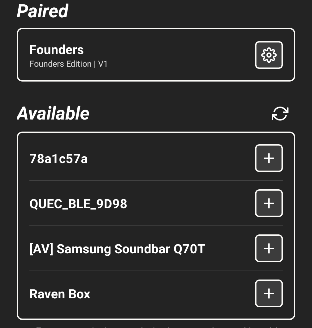 The Paired section above the Available list, the connected device showing a single gear button