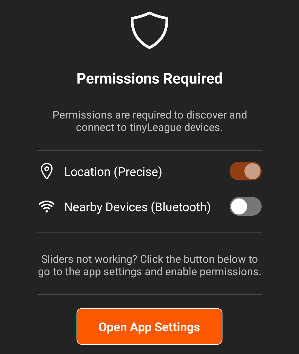 The Permissions Required panel, with toggles for Location (Precise) and Nearby Devices (Bluetooth) above an Open App Settings button