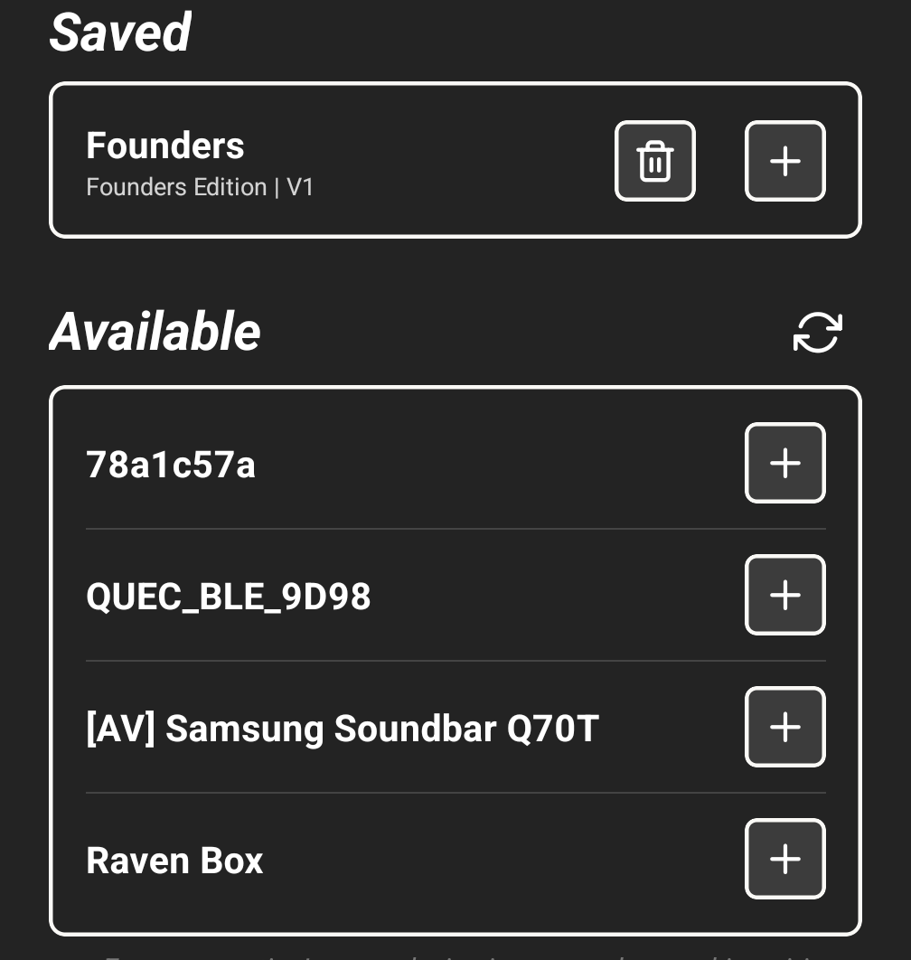 The Saved section above the Available list, the saved device showing a trash button and a plus button