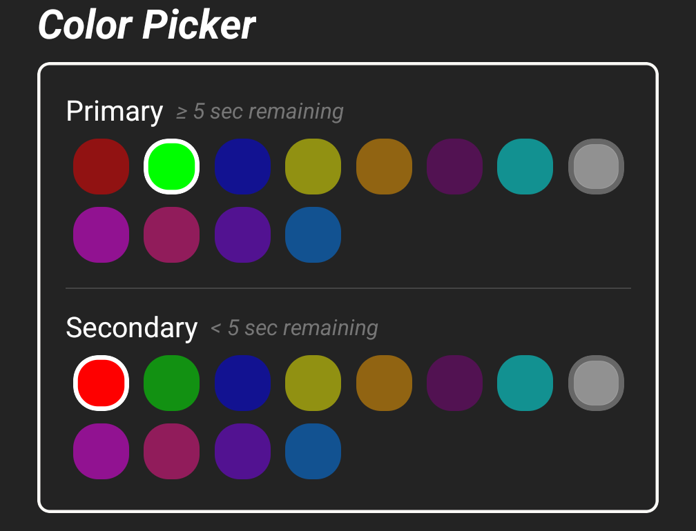 The Color Picker, showing the primary and secondary color swatch grids