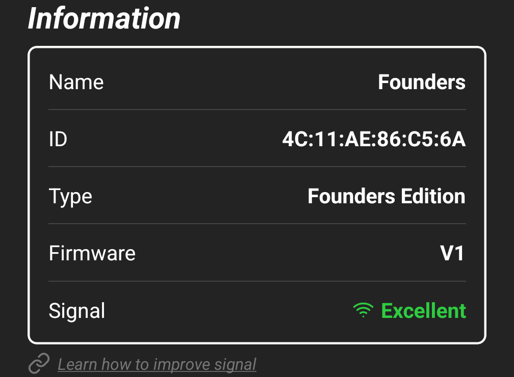 The device Information panel, showing name, ID, type, firmware and signal strength, with the Learn how to improve signal link beneath it