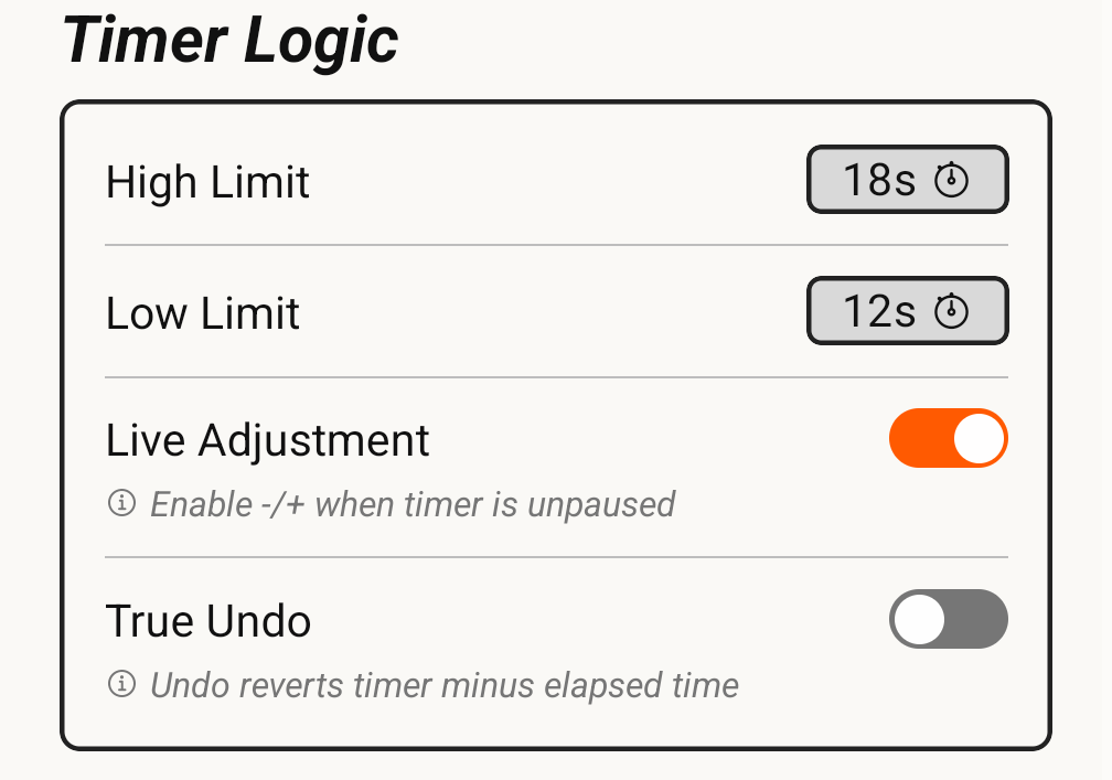 The Timer Logic group, containing the High Limit and Low Limit values and the Live Adjustment and True Undo toggles