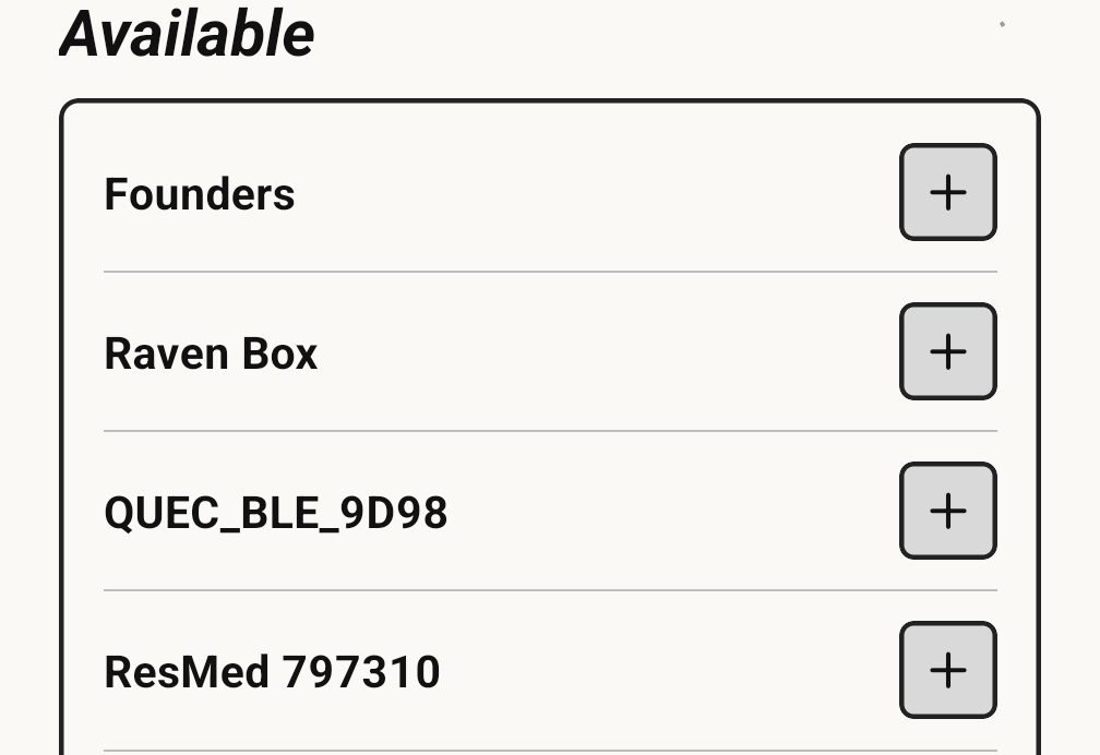 The Available section of the Connections Menu, listing nearby devices each with a plus button, still scanning