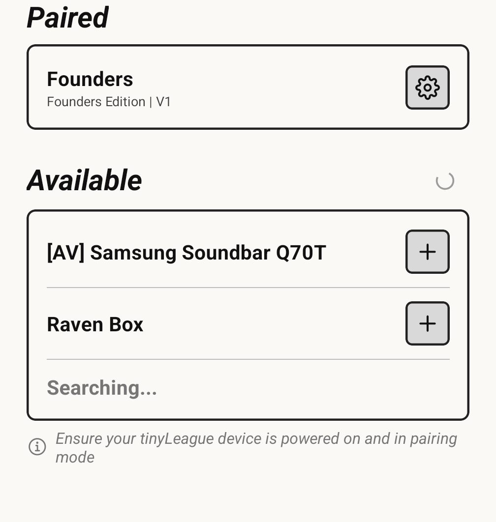The Paired section above the Available list, the connected device showing a single gear button