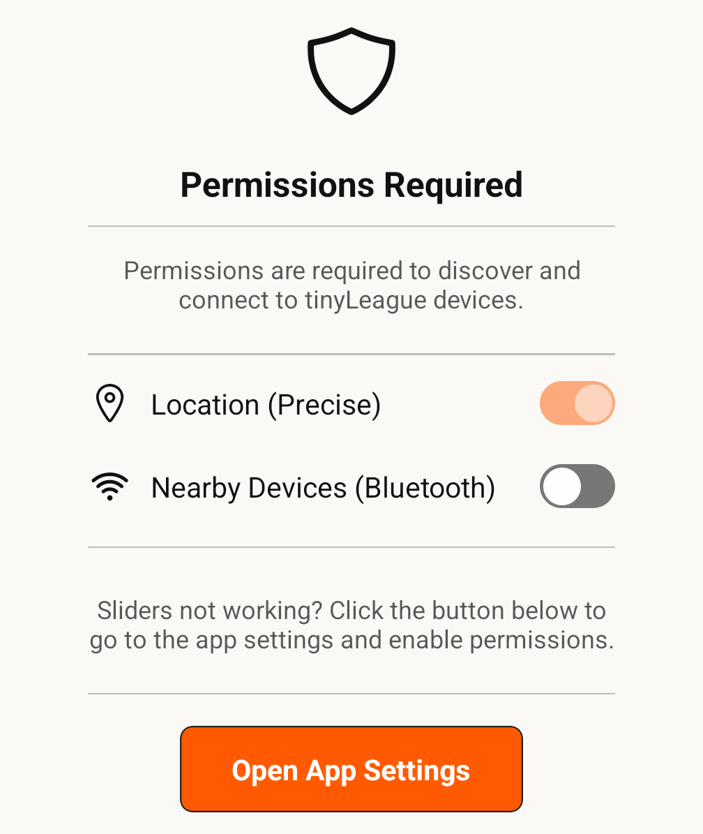 The Permissions Required panel, with toggles for Location (Precise) and Nearby Devices (Bluetooth) above an Open App Settings button