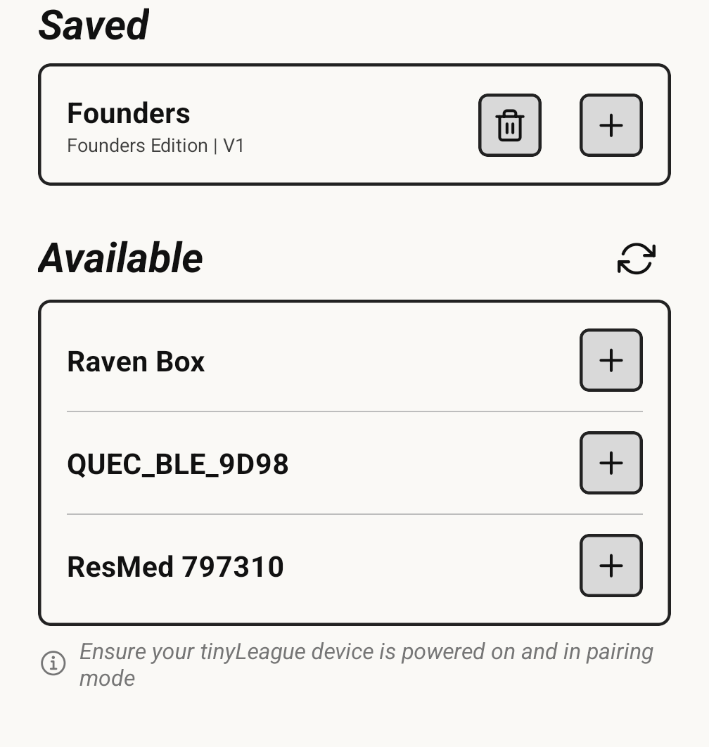 The Saved section above the Available list, the saved device showing a trash button and a plus button