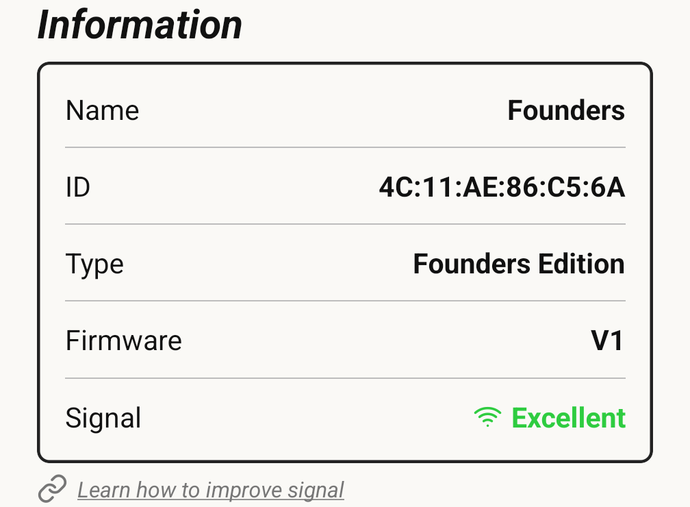 The device Information panel, showing name, ID, type, firmware and signal strength, with the Learn how to improve signal link beneath it