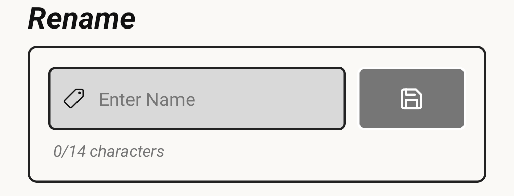 The Rename panel, with the name field, its save button and the 14 character counter