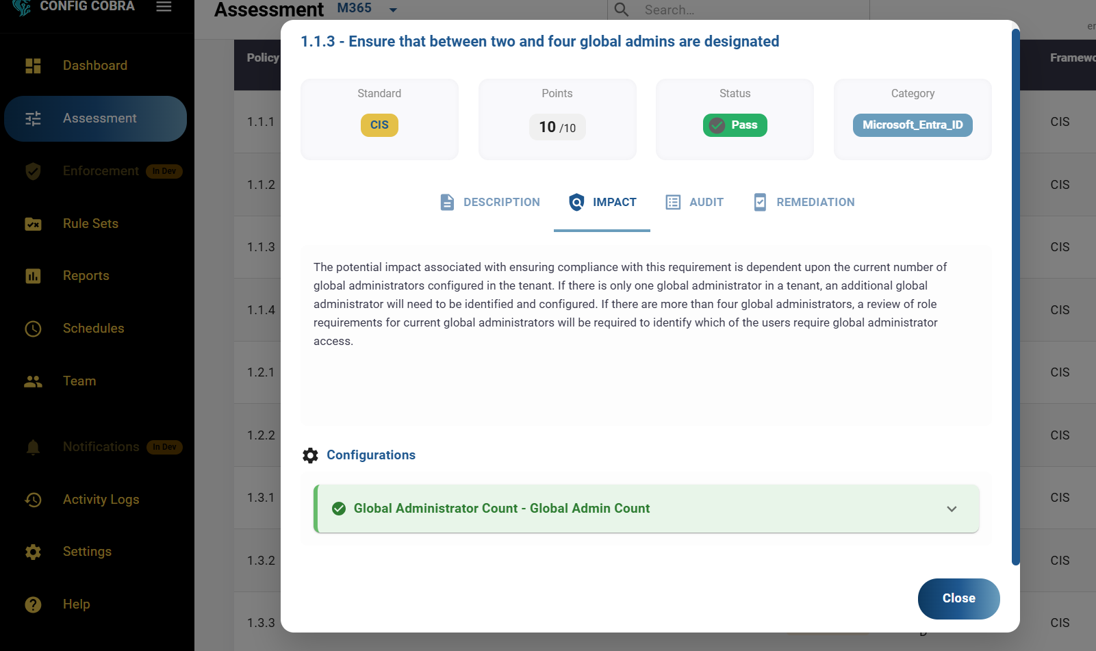 Assessment Details - Detailed view of assessment results with description, impact, audit, and remediation information