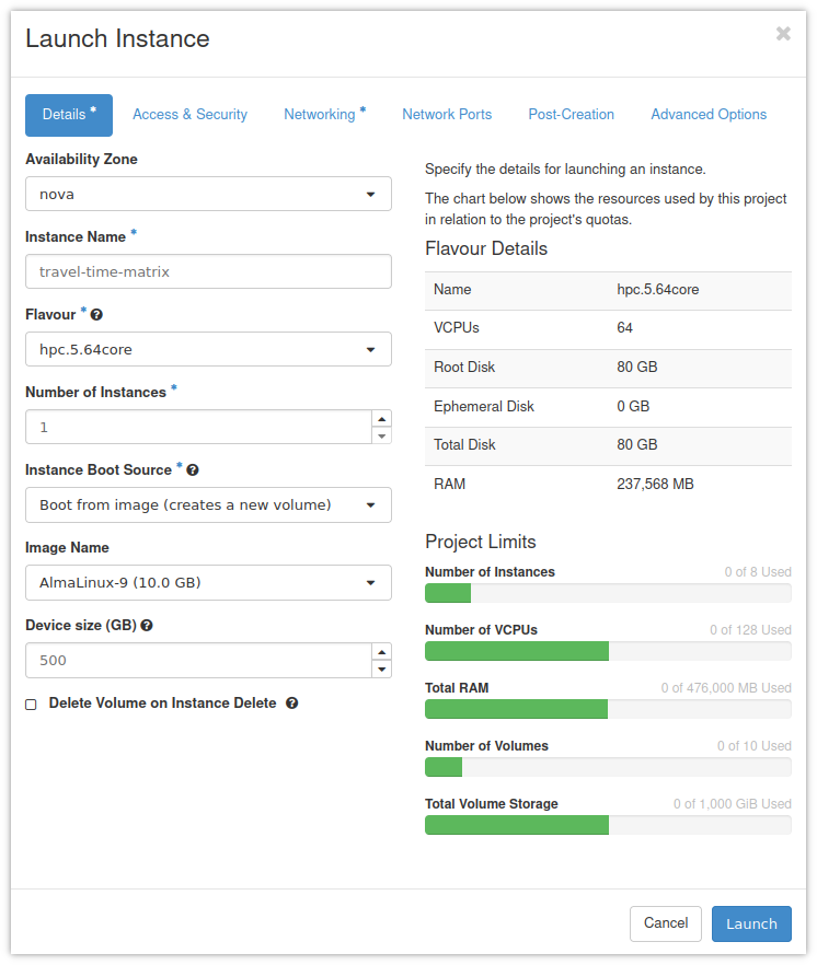 Screenshot of the OpenStack config used to create the new CSC Pouta instance